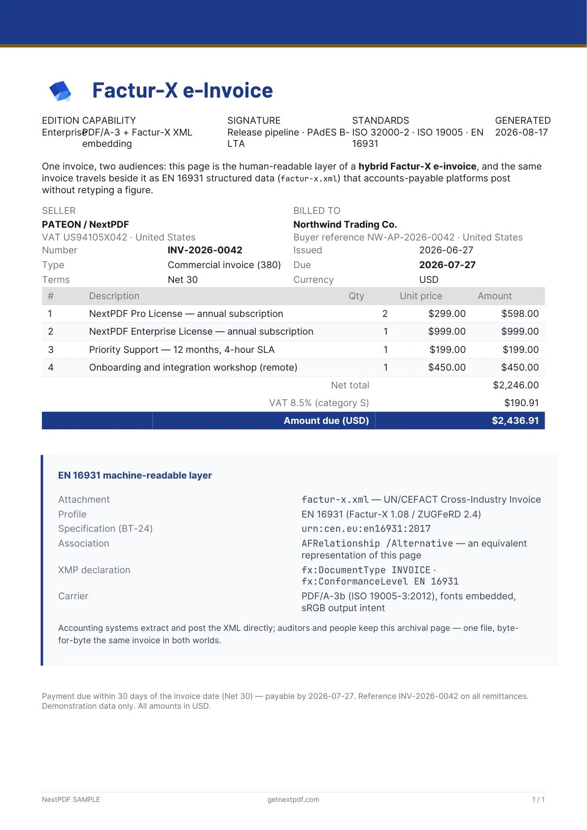 Factur-X e-Invoice sample PDF cover
