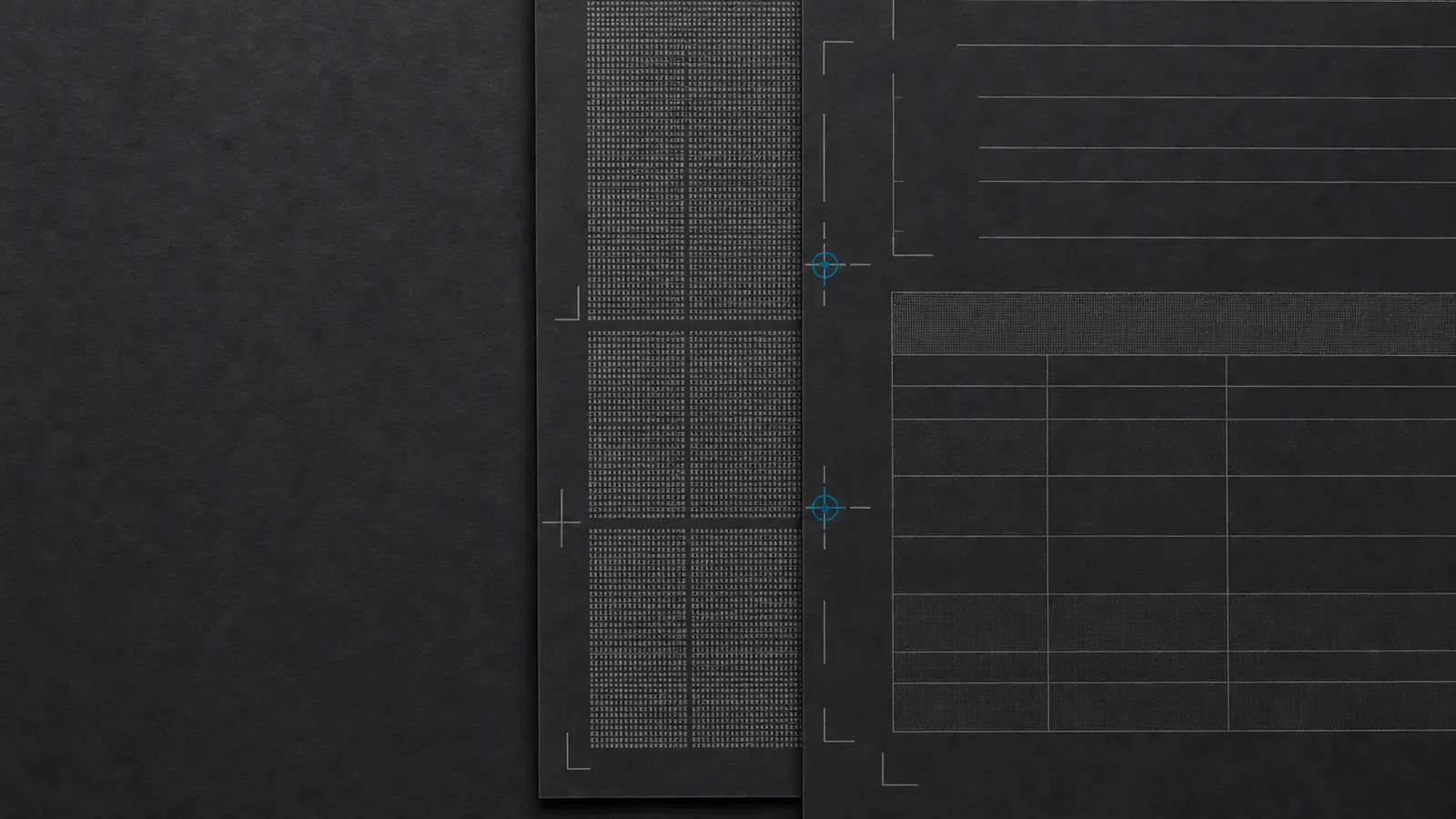 Two printed invoice proofs held in exact register: a human-readable sheet and a machine-data sheet aligned by crop marks.