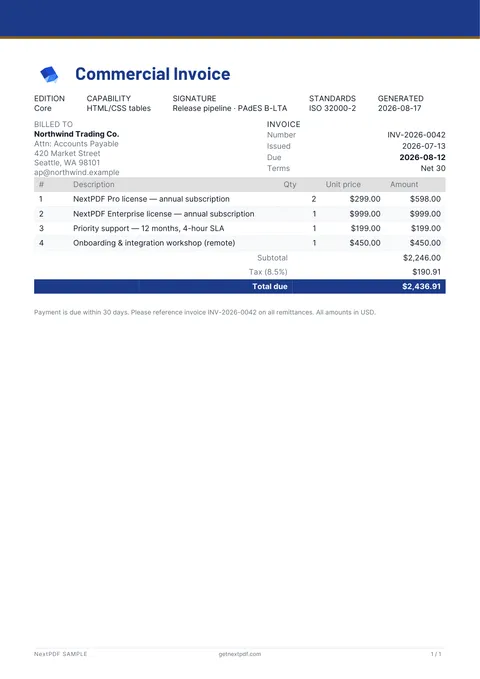 Professional Invoice sample PDF cover
