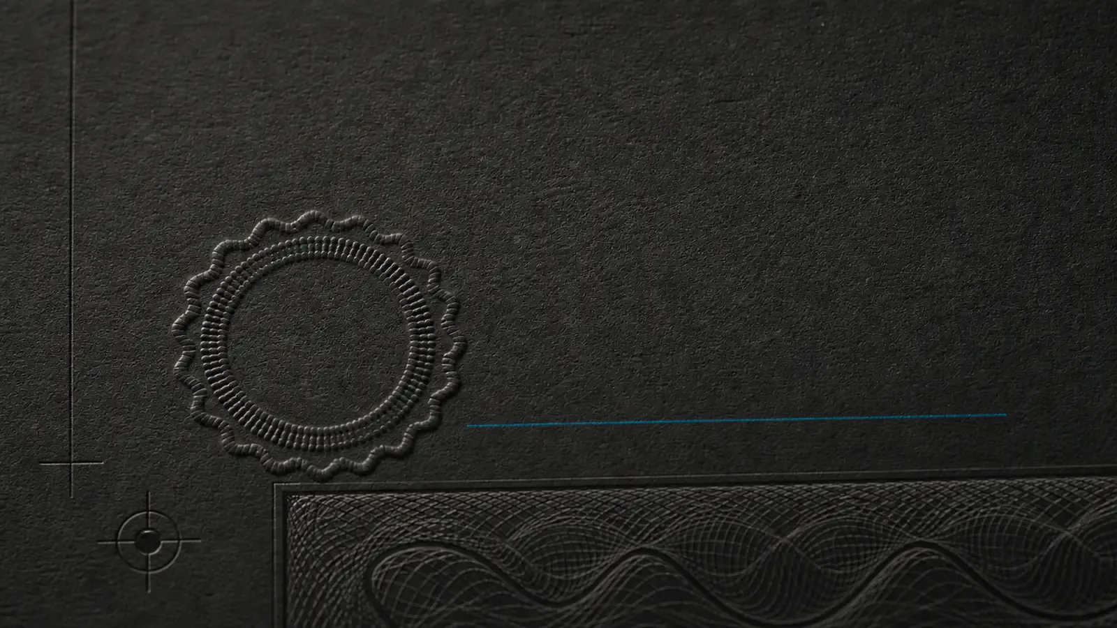 Macro detail of a printed agreement with an embossed dry seal, guilloche border, countersign rule, and registration target.
