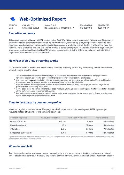 Linearized for Fast Web View sample PDF cover